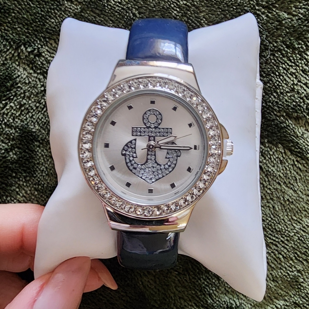 Blue Acrylic Band with Crystal Anchor Women's Bangle Cuff WATCH NIB